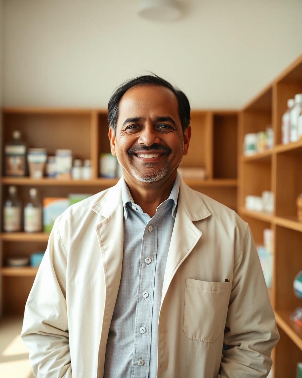 Kiran Parvatro, PharmD, founder of Easy Pharmacy, in a cream linen coat